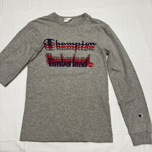 Champion x Timberland Mens Size Small Spell Out Long Sleeve T-Shirt Gray 2 Side